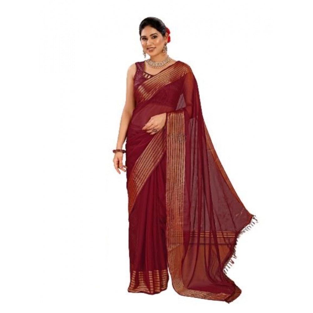 Chiffon Fabric Plain Saree With Unstitched Blouse