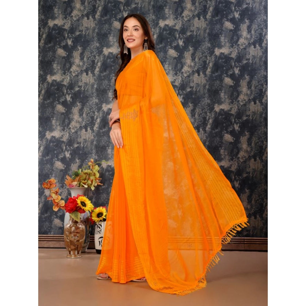 Chiffon Fabric Plain Saree With Unstitched Blouse