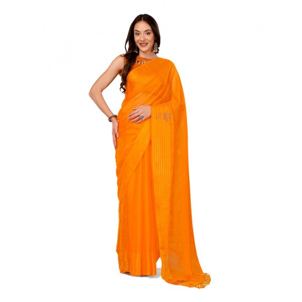 Chiffon Fabric Plain Saree With Unstitched Blouse