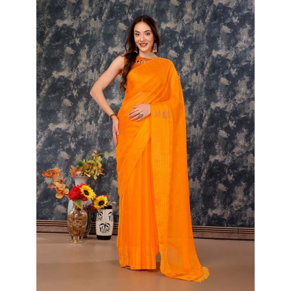 Chiffon Fabric Plain Saree With Unstitched Blouse