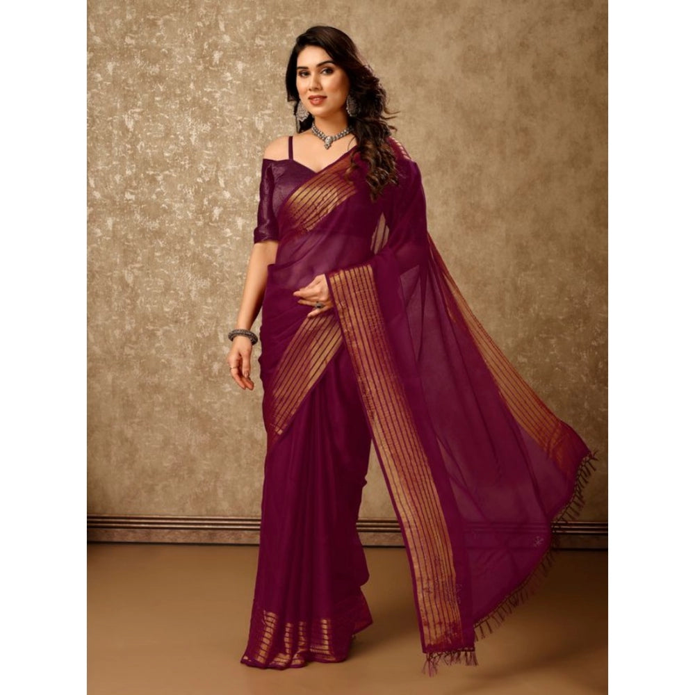 Chiffon Fabric Plain Saree With Unstitched Blouse