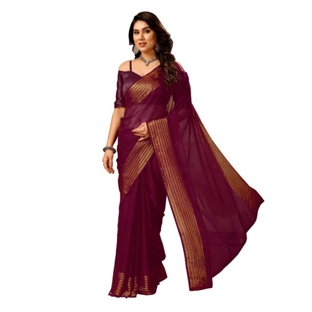 Chiffon Fabric Plain Saree With Unstitched Blouse