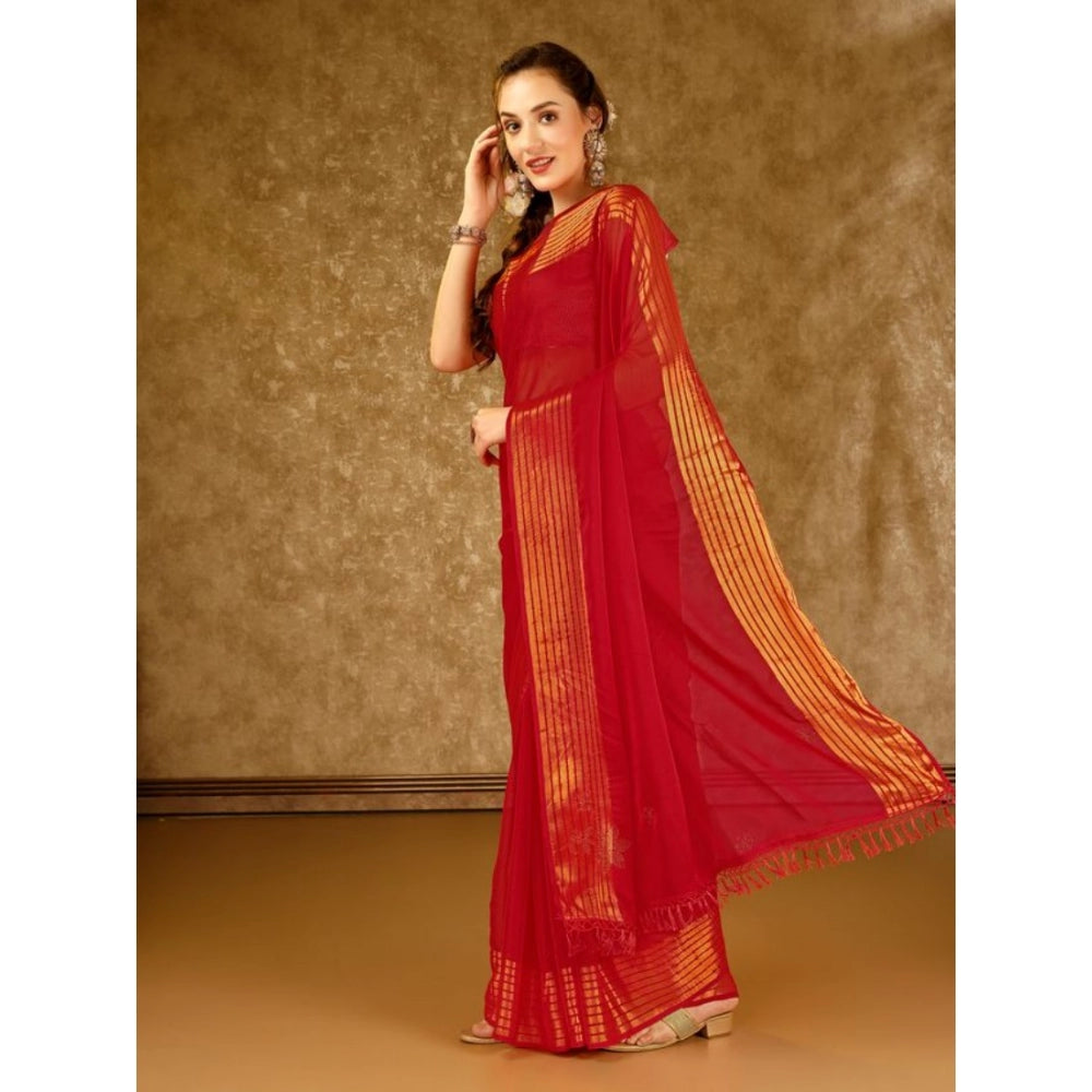 Chiffon Fabric Plain Saree With Unstitched Blouse