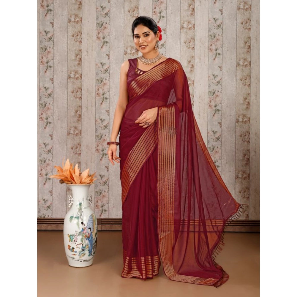 Chiffon Fabric Plain Saree With Unstitched Blouse