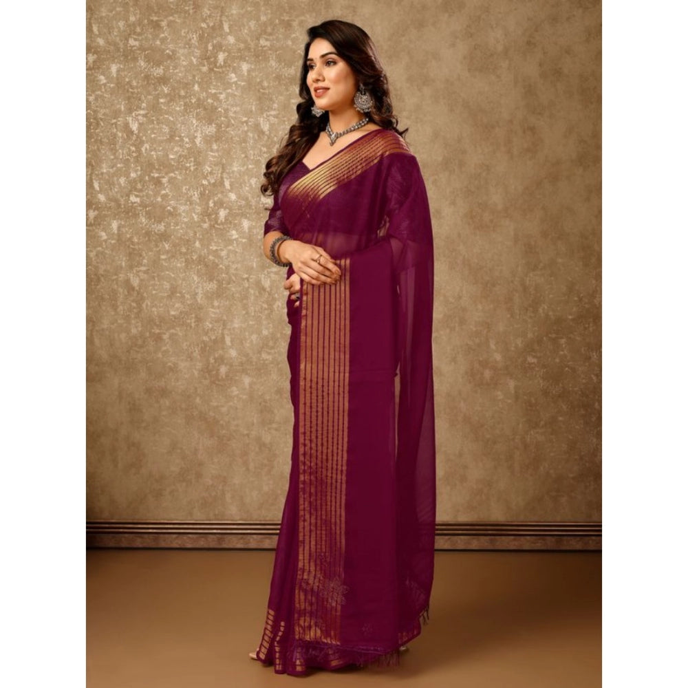 Chiffon Fabric Plain Saree With Unstitched Blouse