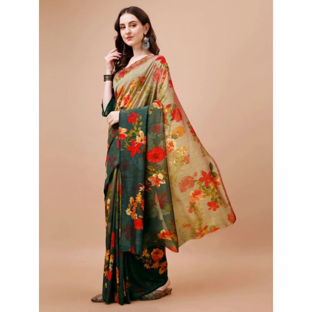 PC Vichitra Floral Printed Saree With Unstitched Blouse