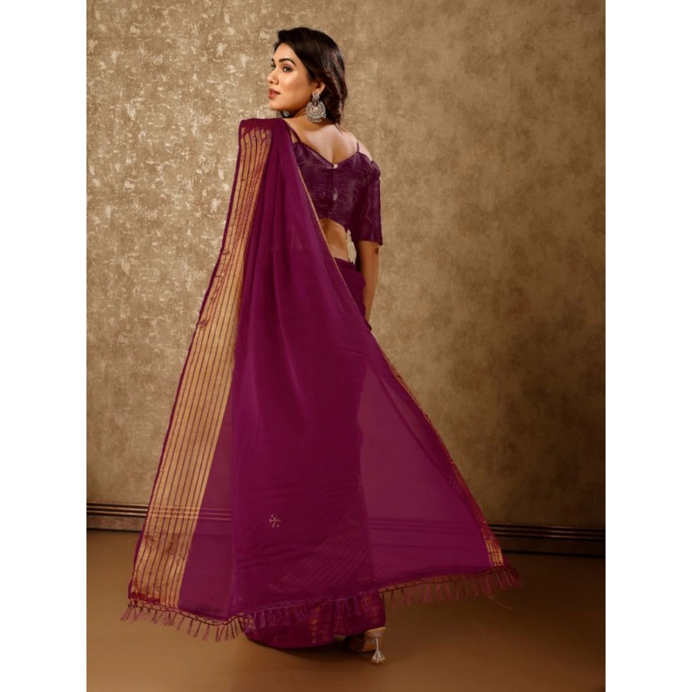 Chiffon Fabric Plain Saree With Unstitched Blouse