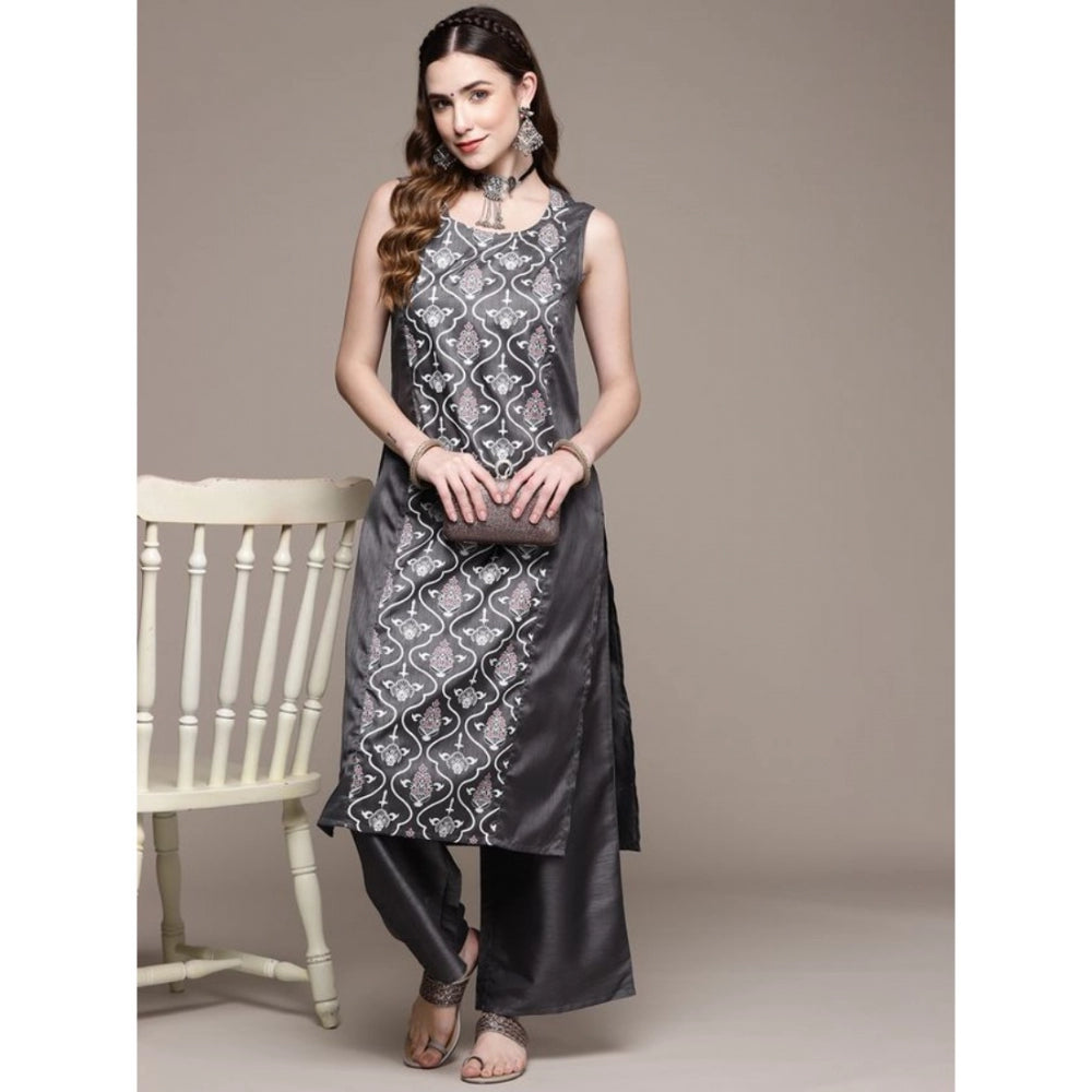 Casual Sleeveless Floral Printed Poly Silk Kurti and Palazzo Set