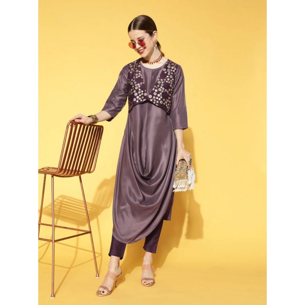 Casual 3-4Th Sleeve Solid Chinon Kurti And Pant Set