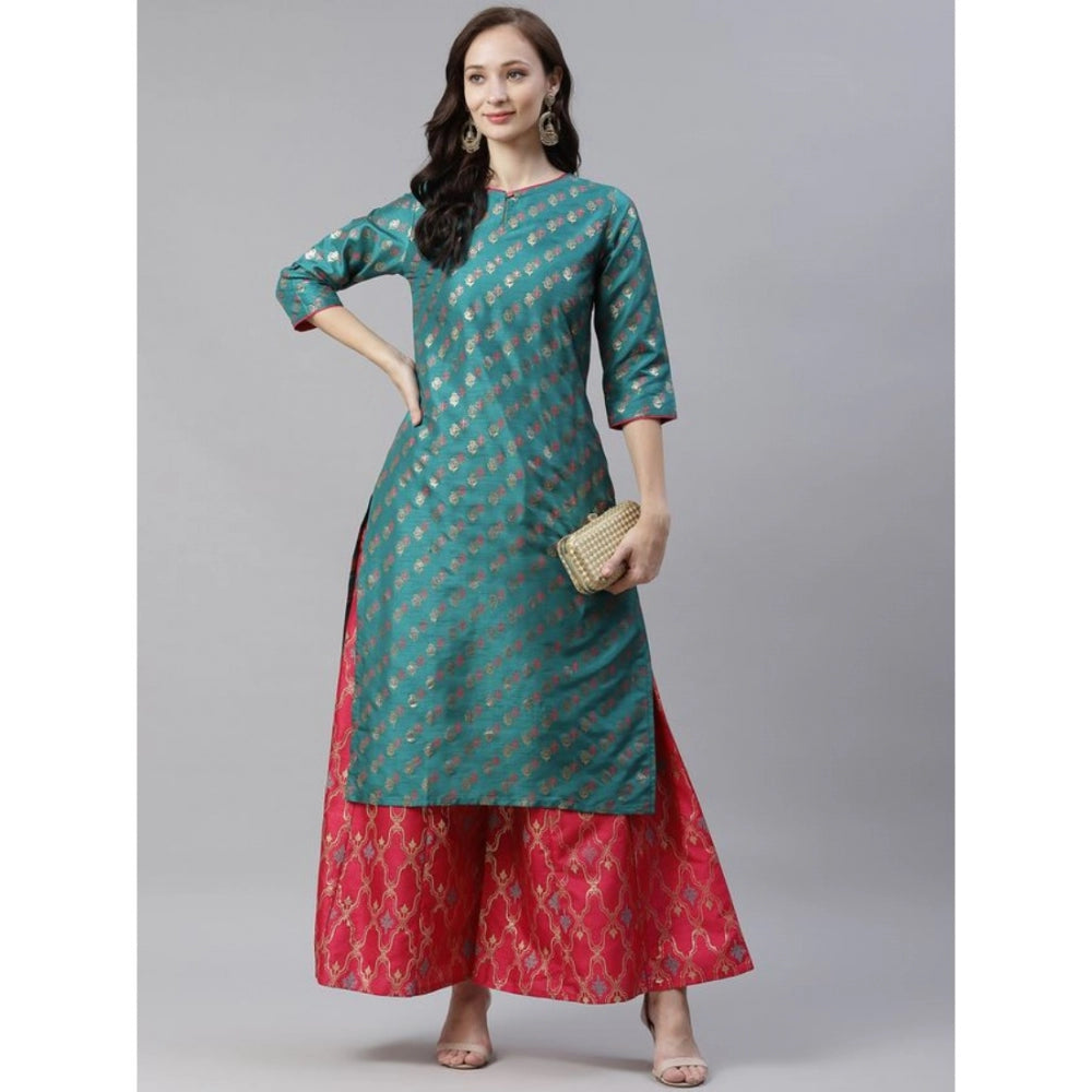 Casual 3-4Th Sleeve Ethnic Motifs Poly Silk Kurti And Palazzo Set