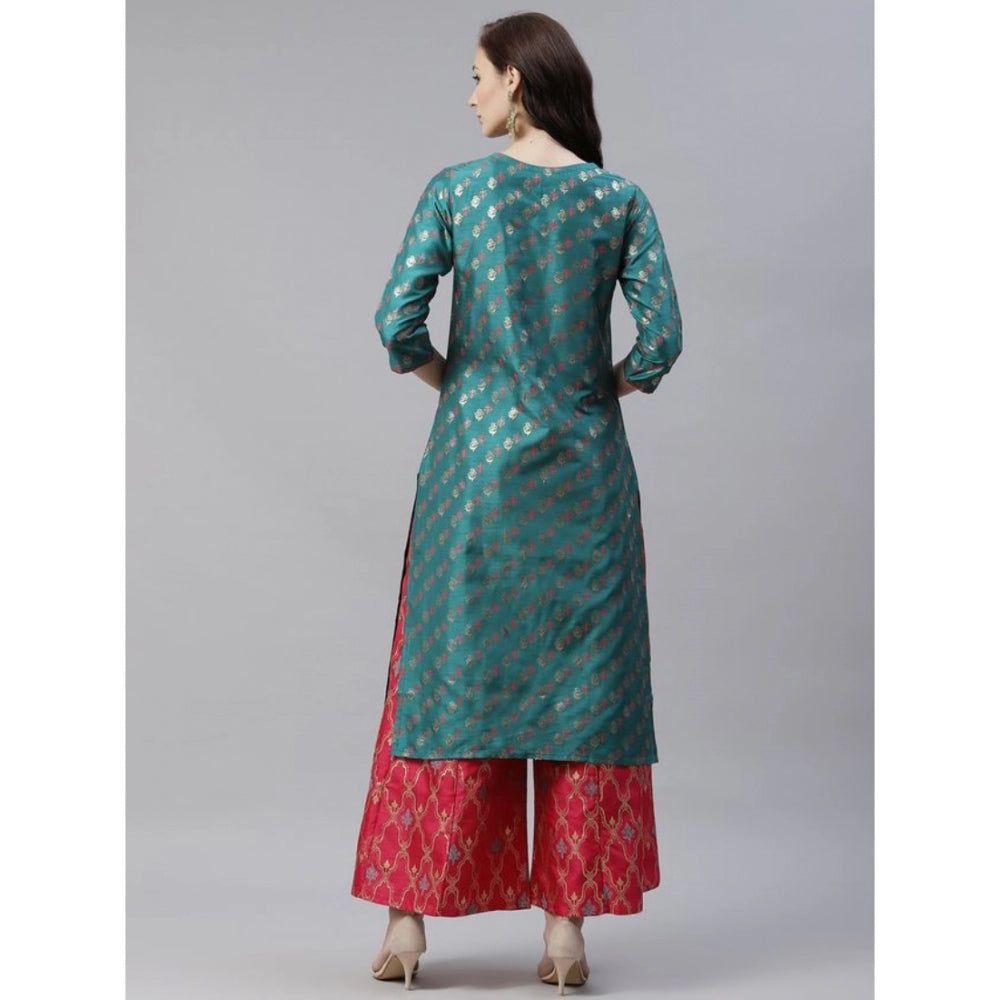 Casual 3-4Th Sleeve Ethnic Motifs Poly Silk Kurti And Palazzo Set