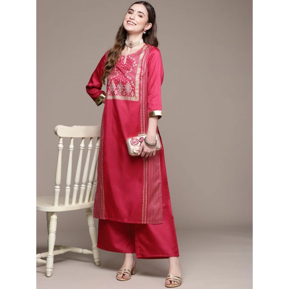 Casual 3-4Th Sleeve Ethnic Motifs Poly Silk Kurti And Palazzo Set