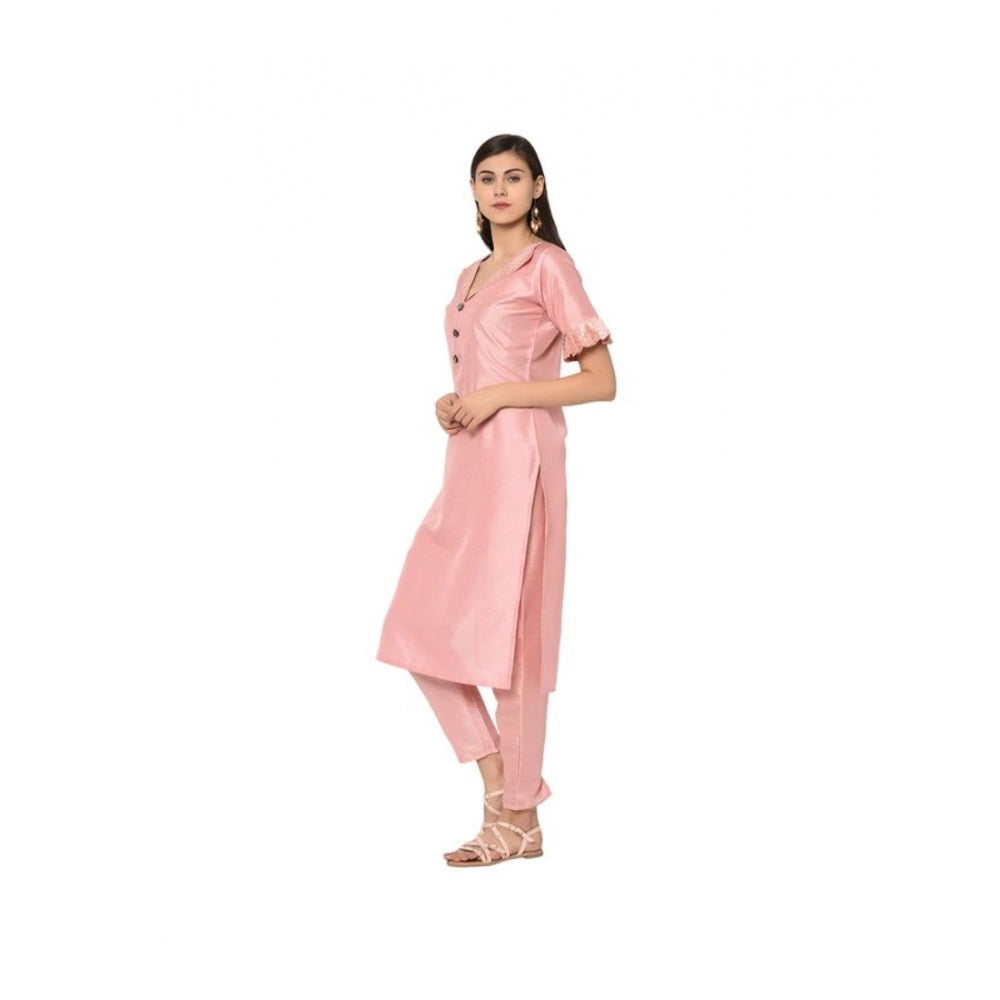 Casual Half Sleeve Solid Poly Silk Kurti and Pant Set