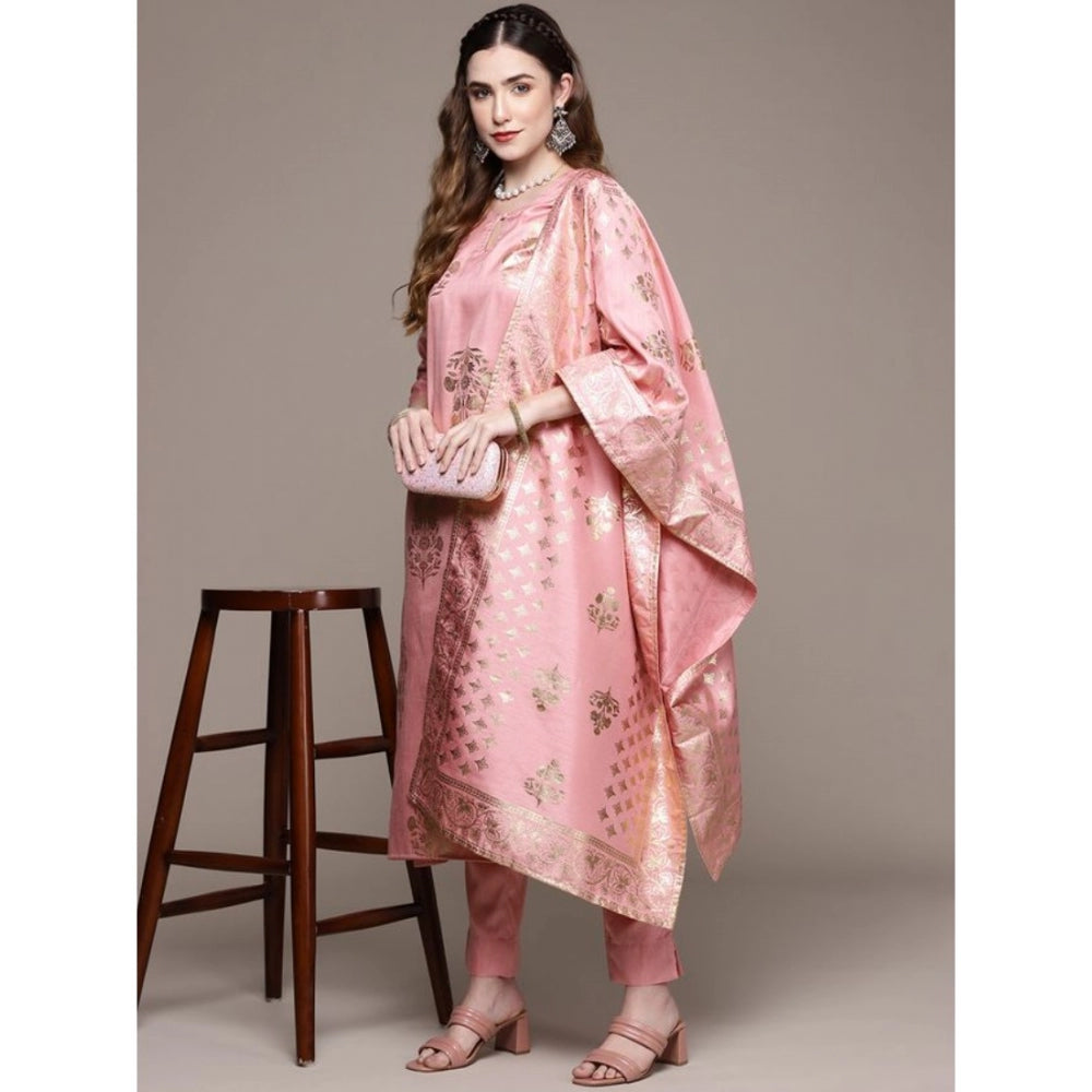 Casual 3-4Th Sleeve Floral Printed Poly Silk Kurti Pant And Dupatta Set