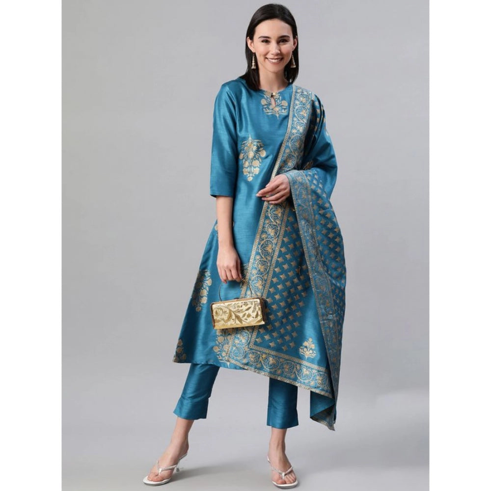 Casual 3-4Th Sleeve Ethnic Motifs Poly Silk Kurti Pant And Dupatta Set