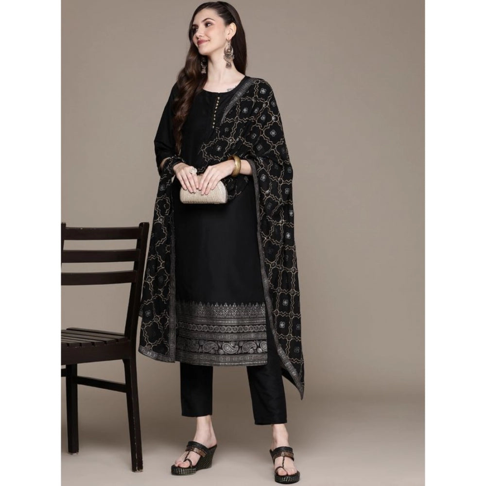 Casual 3-4Th Sleeve Border Crepe Kurti Pant And Dupatta Set