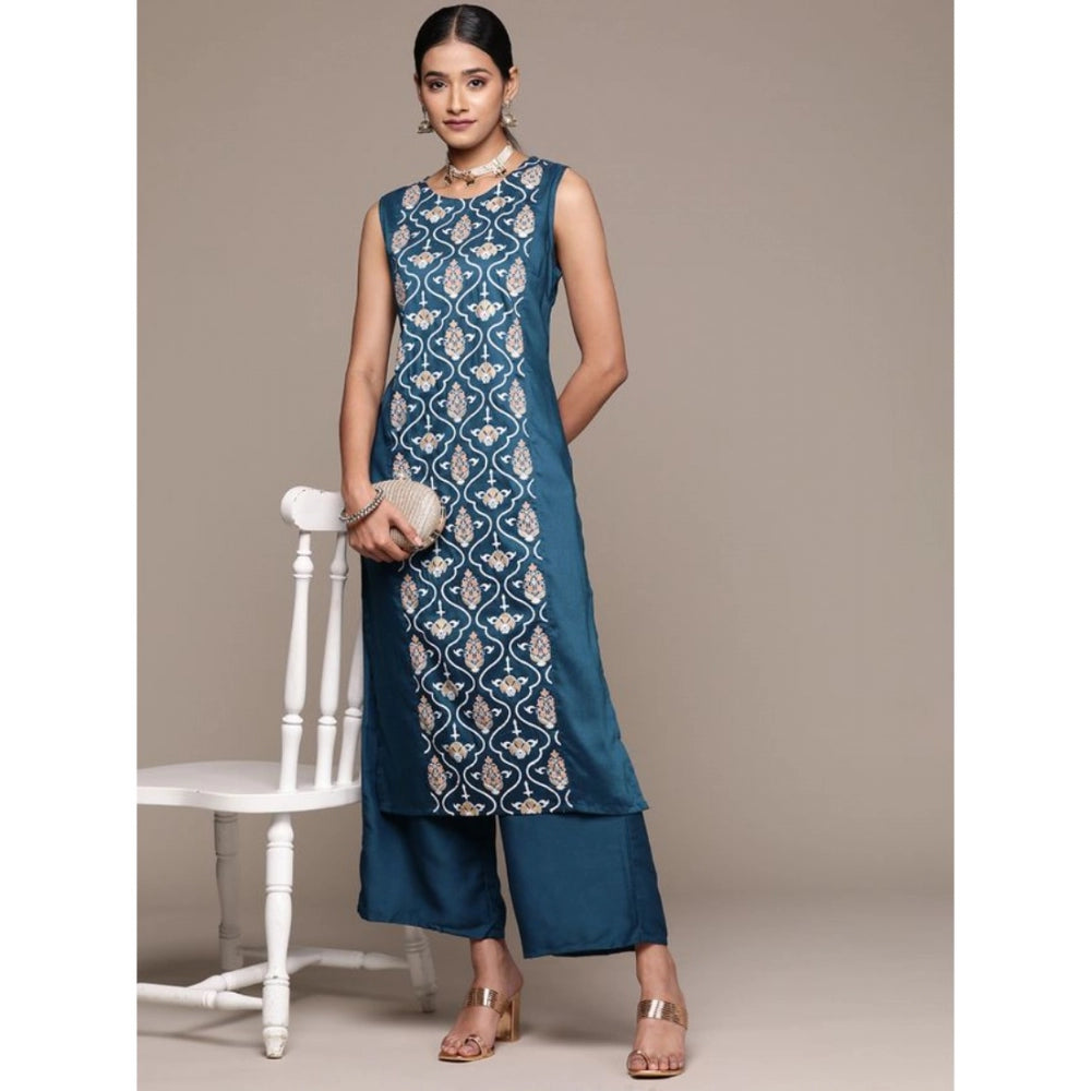 Casual Sleeveless Floral Printed Chinon Kurti and Palazzo Set