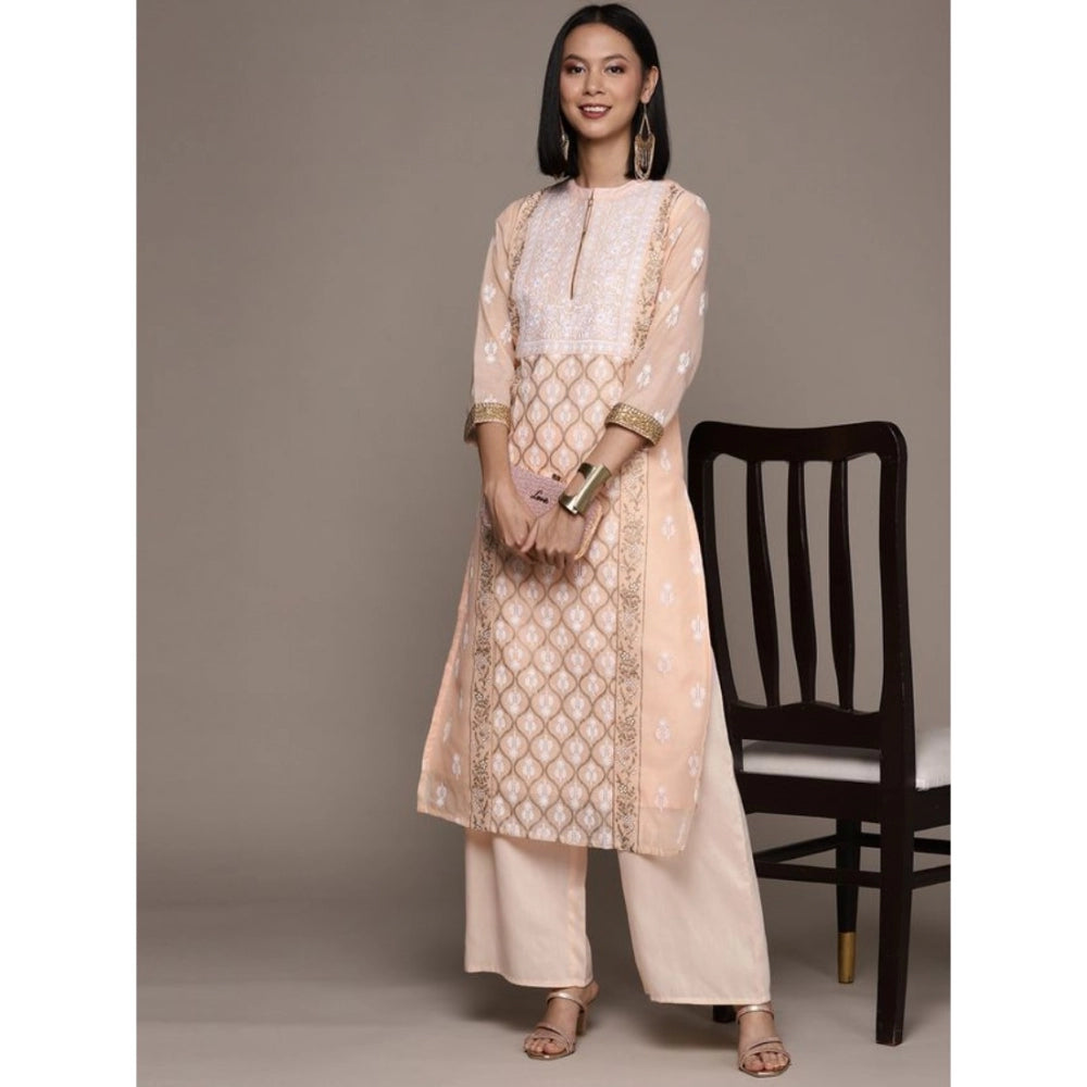 Casual 3-4Th Sleeve Floral Printed Chanderi Cotton Kurti And Palazzo Set