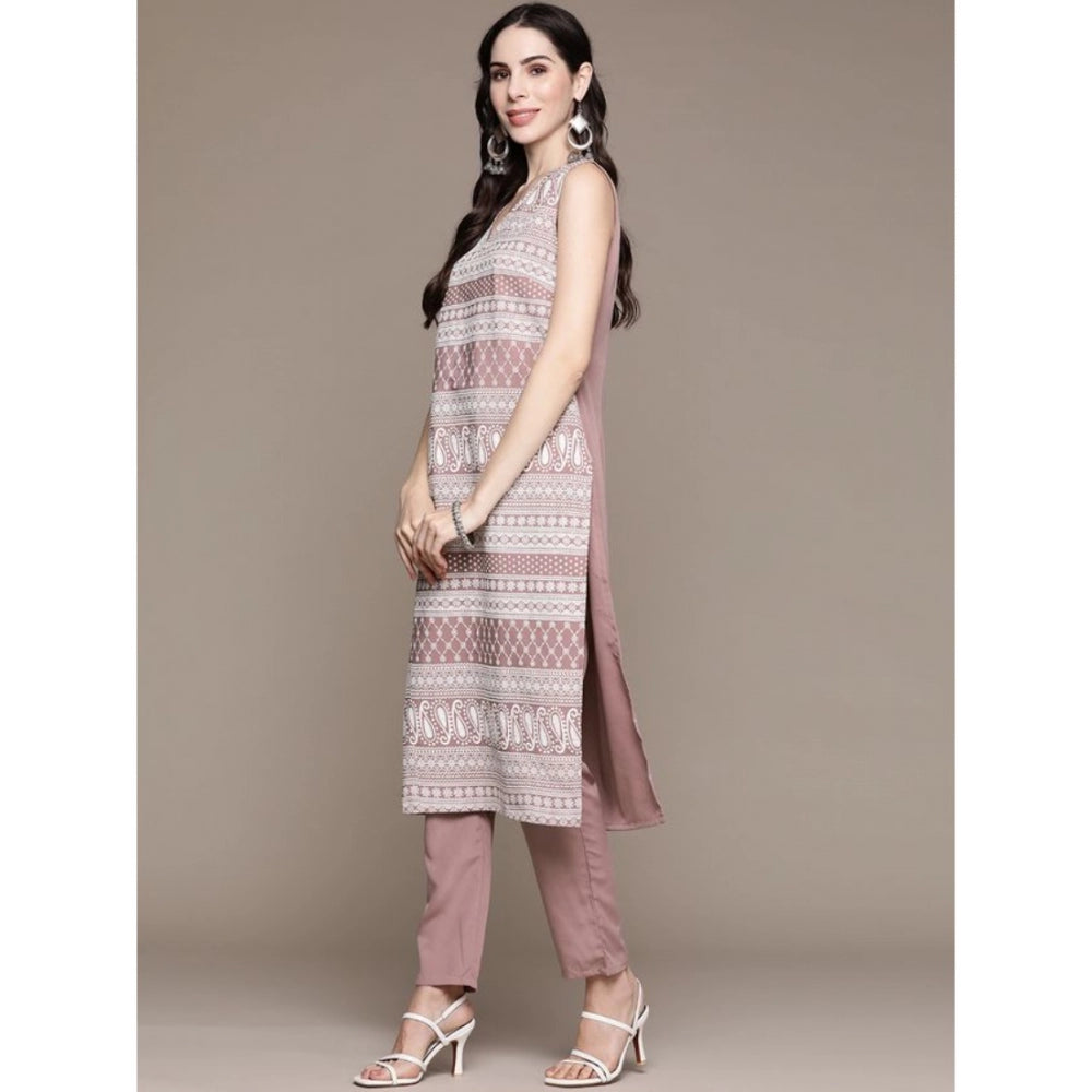 Casual Sleeveless Floral Printed Crepe Kurti And Pant Set