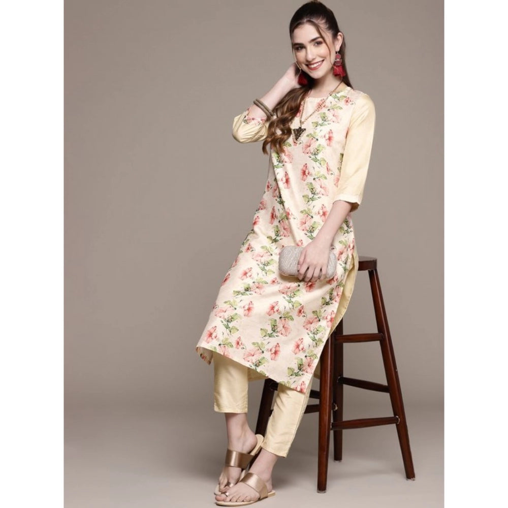 Casual 3-4Th Sleeve Floral Printed Poly Silk Kurti and Pant Set