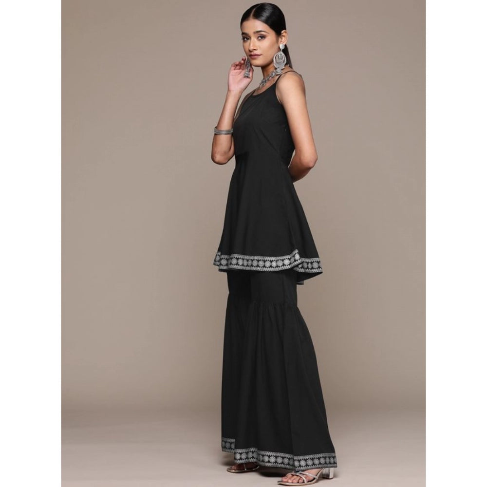 Casual Sleeveless Ethnic Motifs Crepe Kurti Sharara And Dupatta Set