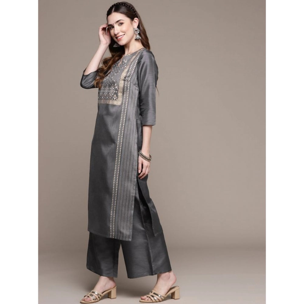 Casual 3-4Th Sleeve Ethnic Motifs Poly Silk Kurti And Palazzo Set