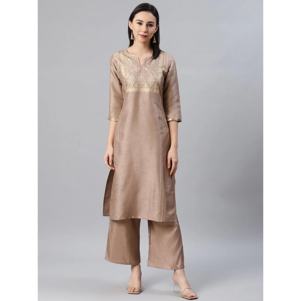 Casual 3-4Th Sleeve Ethnic Motifs Poly Silk Kurti And Palazzo Set