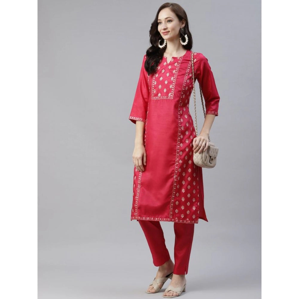 Casual 3-4Th Sleeve Floral Printed Poly Silk Kurti And Pant Set