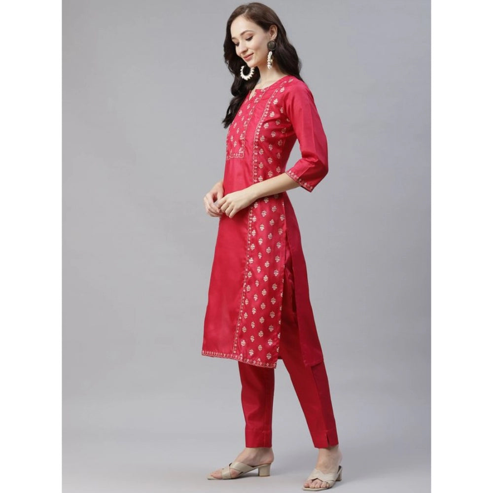 Casual 3-4Th Sleeve Floral Printed Poly Silk Kurti And Pant Set