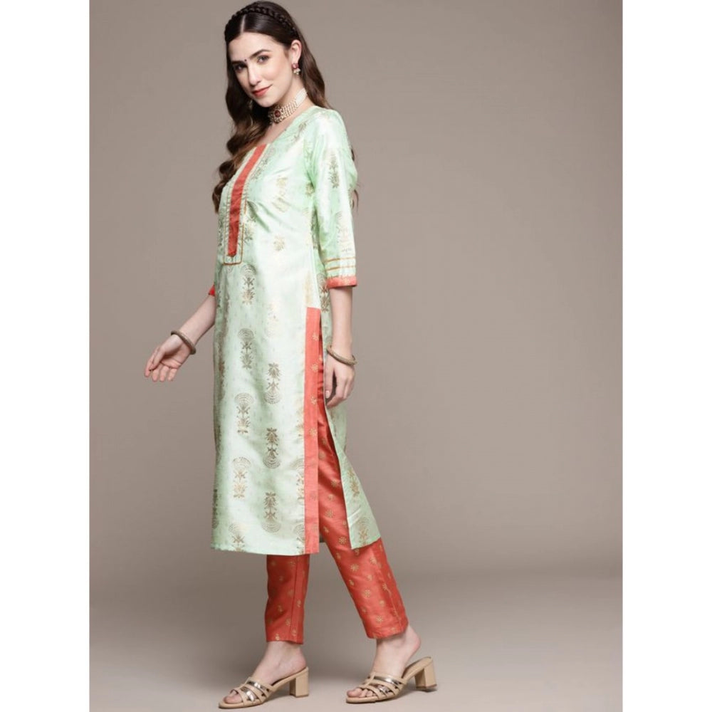 Casual 3-4Th Sleeve Floral Printed Poly Silk Kurti And Pant Set