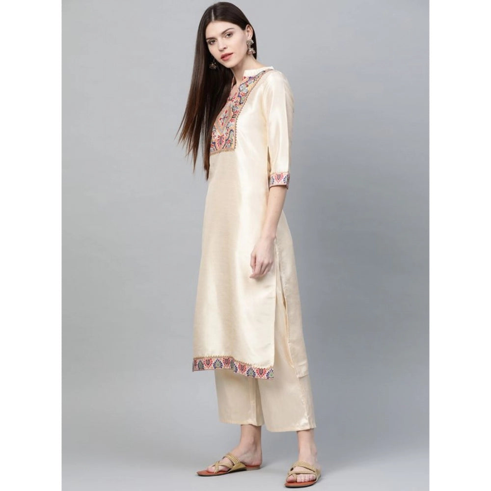 Casual 3-4Th Sleeve Ethnic Motifs Poly Silk Kurti and Palazzo Set