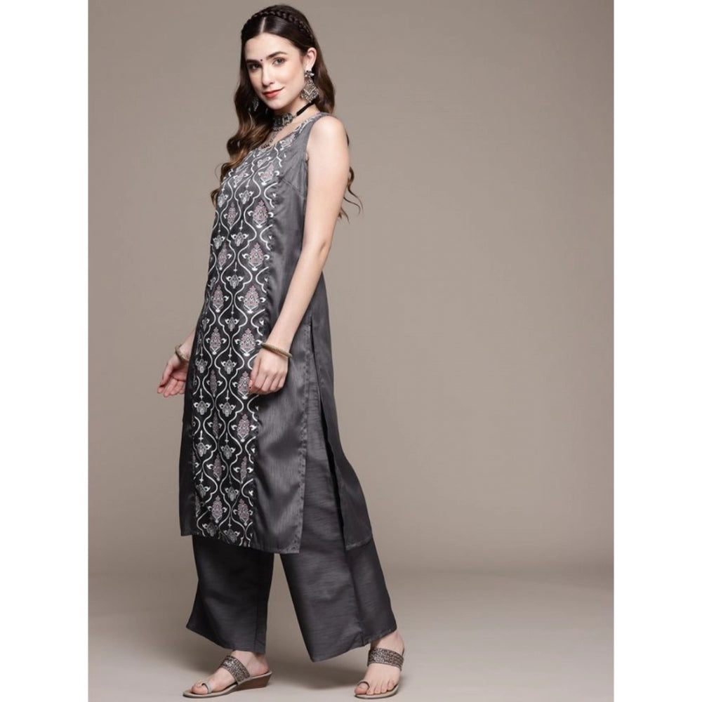 Casual Sleeveless Floral Printed Poly Silk Kurti and Palazzo Set