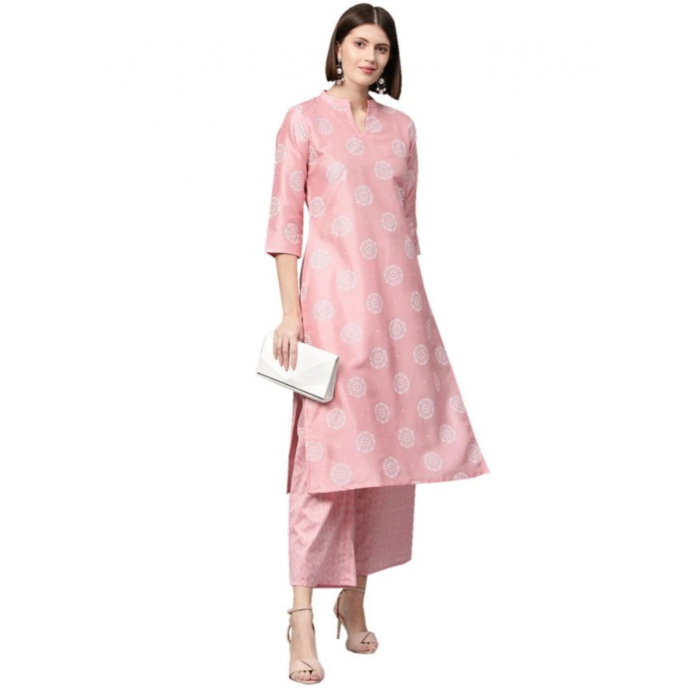 Casual 3-4Th Sleeve Floral Printed Poly Silk Kurti And Palazzo Set