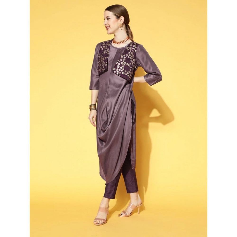 Casual 3-4Th Sleeve Solid Chinon Kurti And Pant Set