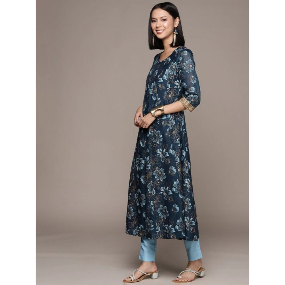 Casual 3-4Th Sleeve Floral Printed Chanderi Cotton Kurti And Pant Set