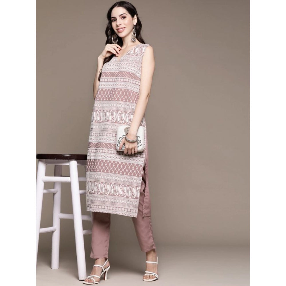 Casual Sleeveless Floral Printed Crepe Kurti And Pant Set