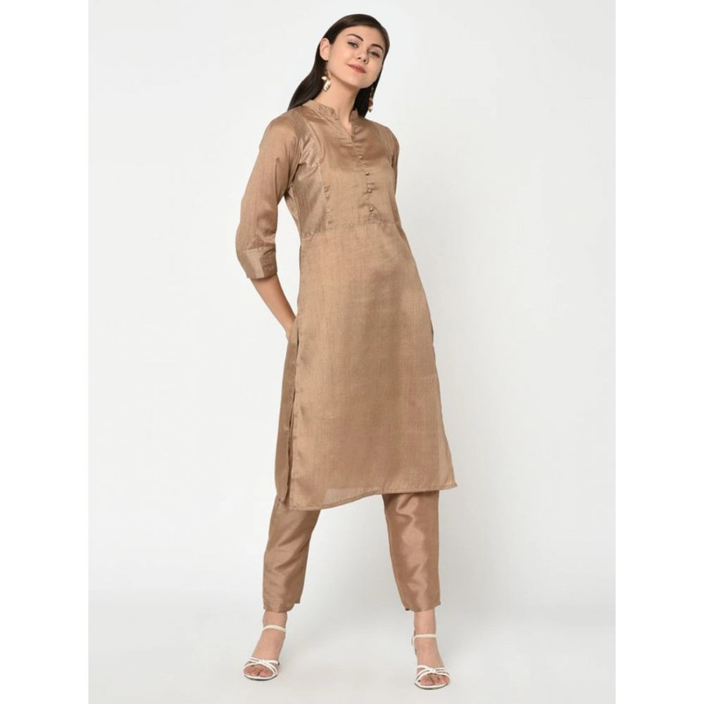 Casual 3-4Th Sleeve Solid Poly Silk Kurti and Pant Set