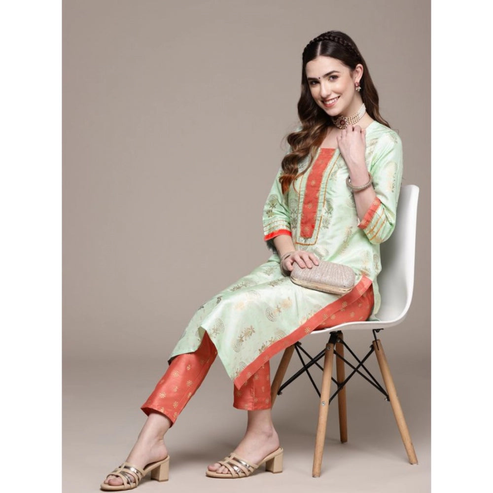 Casual 3-4Th Sleeve Floral Printed Poly Silk Kurti And Pant Set