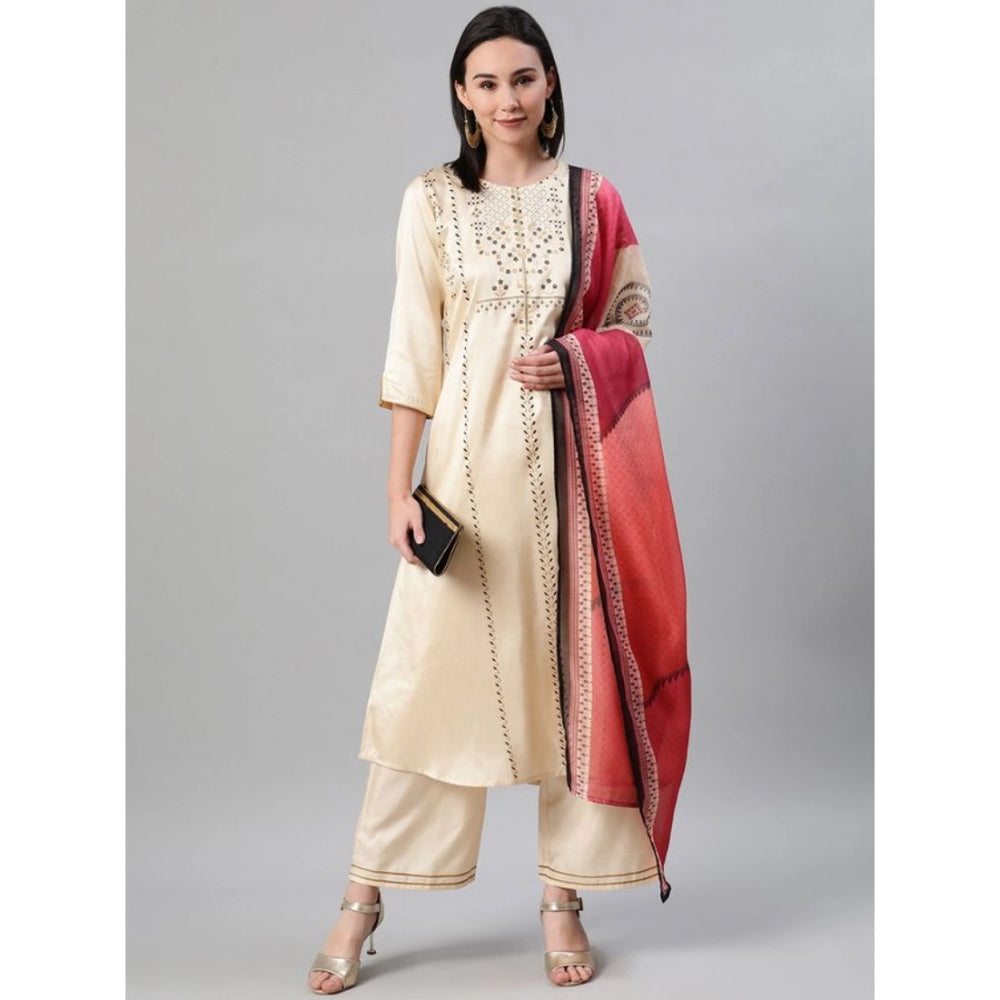 Casual 3-4Th Sleeve Ethnic Motifs Poly Silk KurtiPalazzo And Dupatta Set