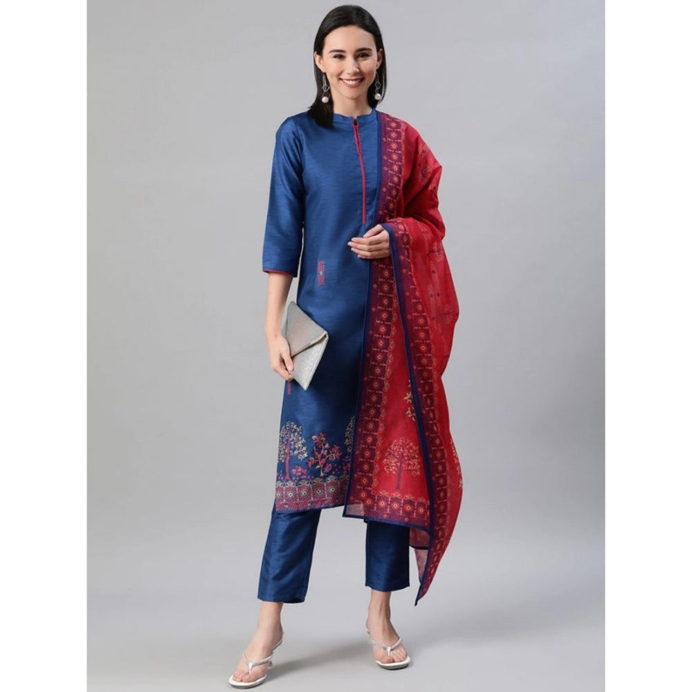 Casual 3-4Th Sleeve Floral Printed Poly Silk Kurti Pant And Dupatta Set