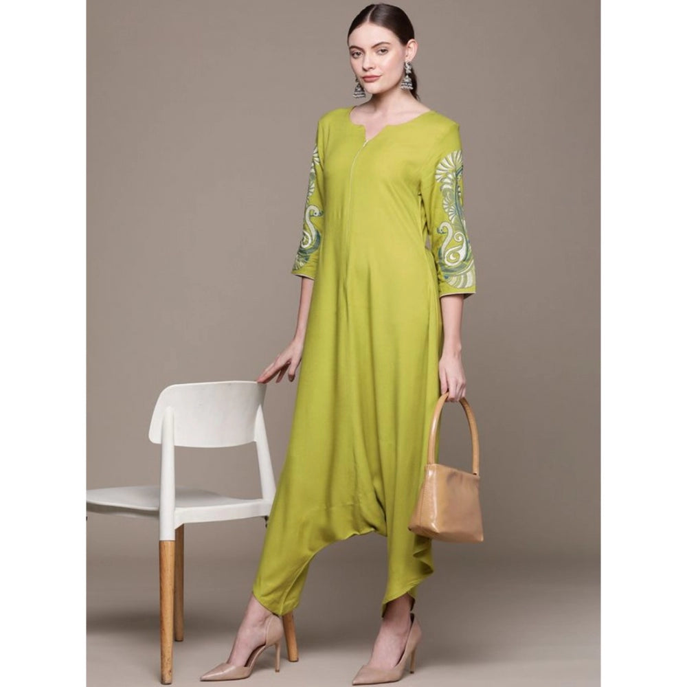 Casual 3-4Th Sleeve Peacock Mehandi Rayon Jumpsuit