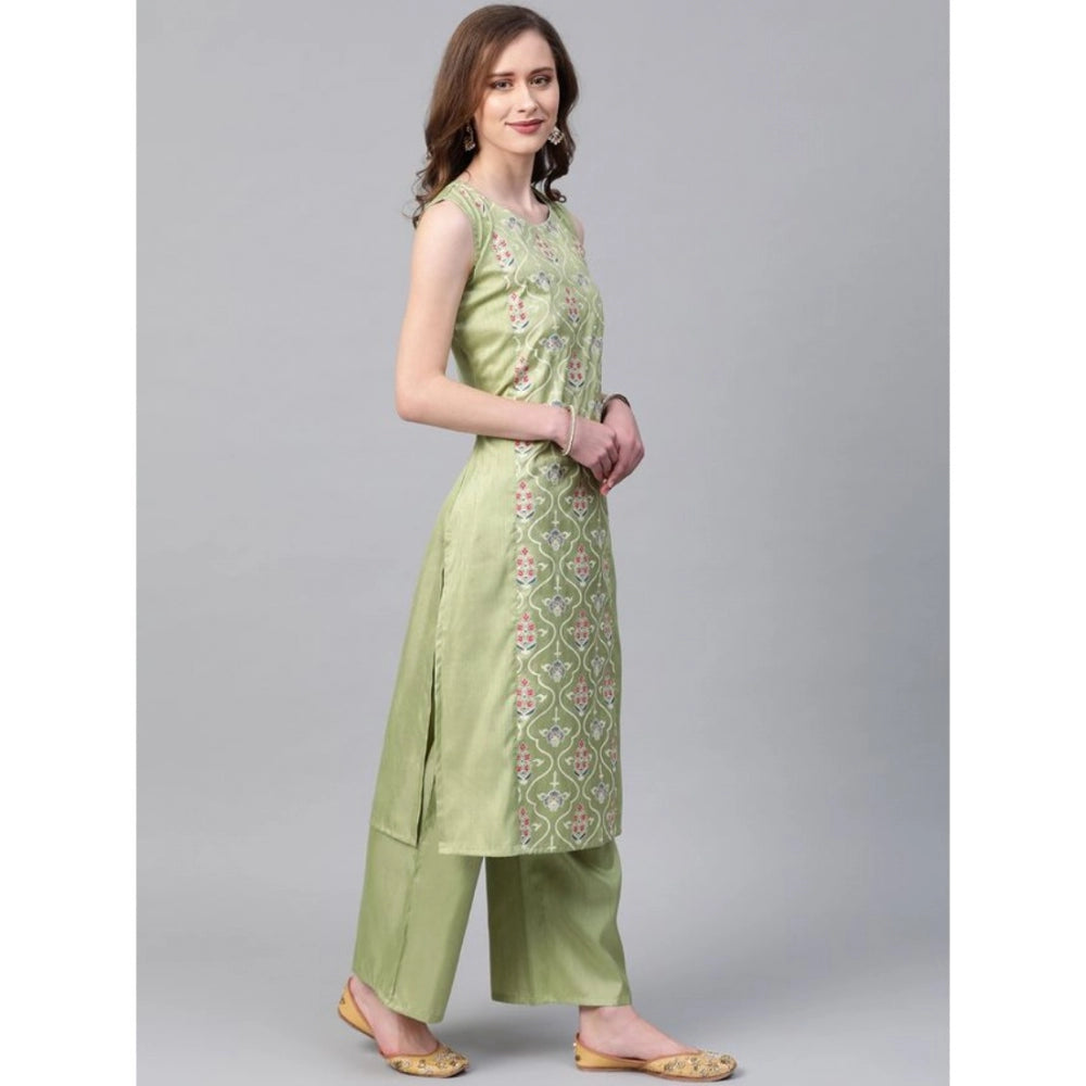 Casual Sleeveless Floral Printed Poly Silk Kurti and Palazzo Set