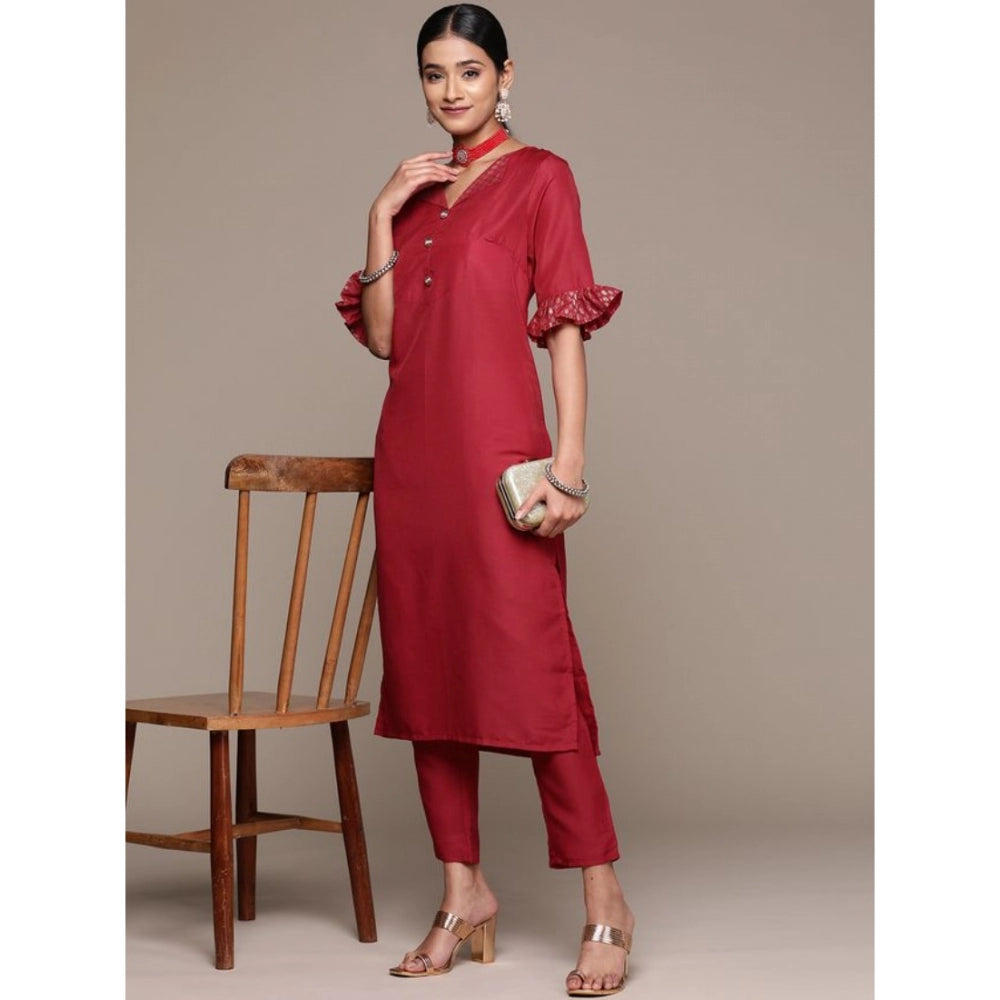 Casual Half Sleeve Solid Chinon Kurti and Pant Set