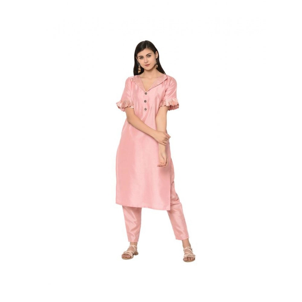 Casual Half Sleeve Solid Poly Silk Kurti and Pant Set