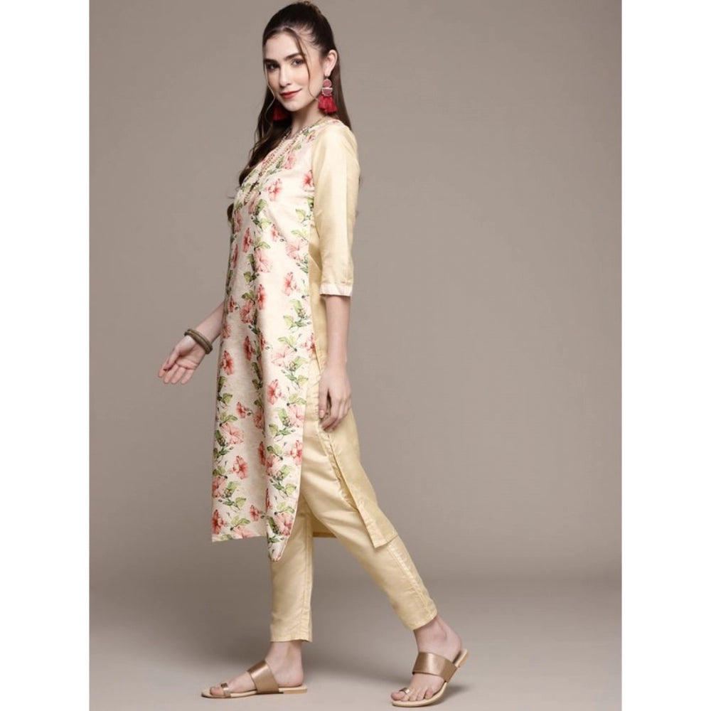 Casual 3-4Th Sleeve Floral Printed Poly Silk Kurti and Pant Set