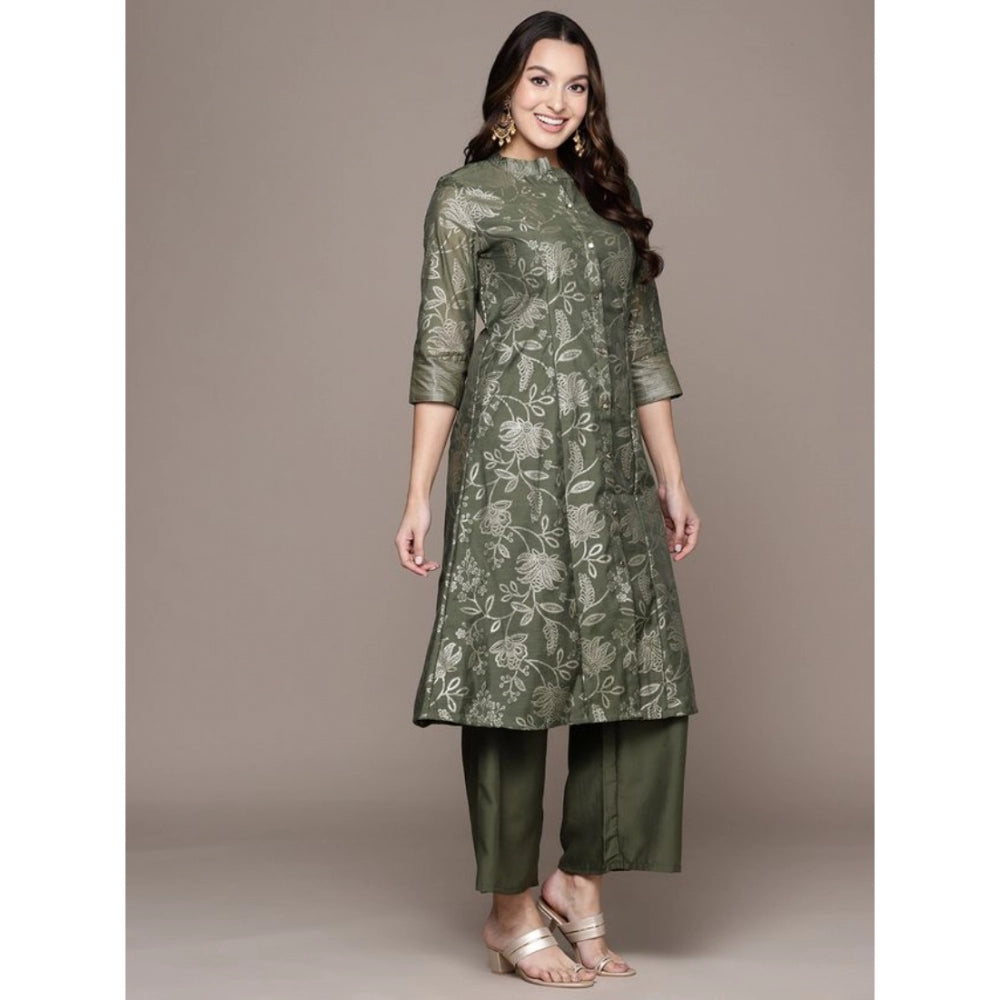 Casual 3-4Th Sleeve Floral Printed Chanderi Cotton Kurti Palazzo And Dupatta Set