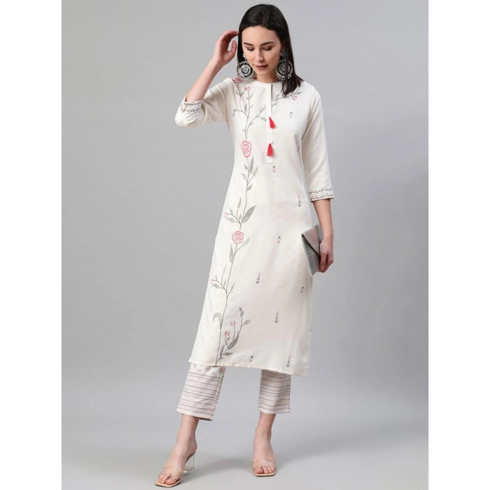 Casual 3-4Th Sleeve Floral Printed Rayon Kurti And Pant Set