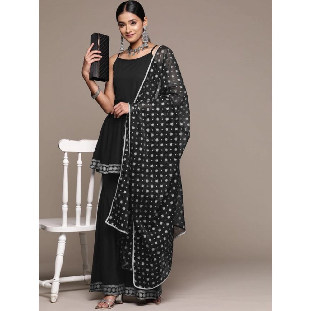 Casual Sleeveless Ethnic Motifs Crepe Kurti Sharara And Dupatta Set