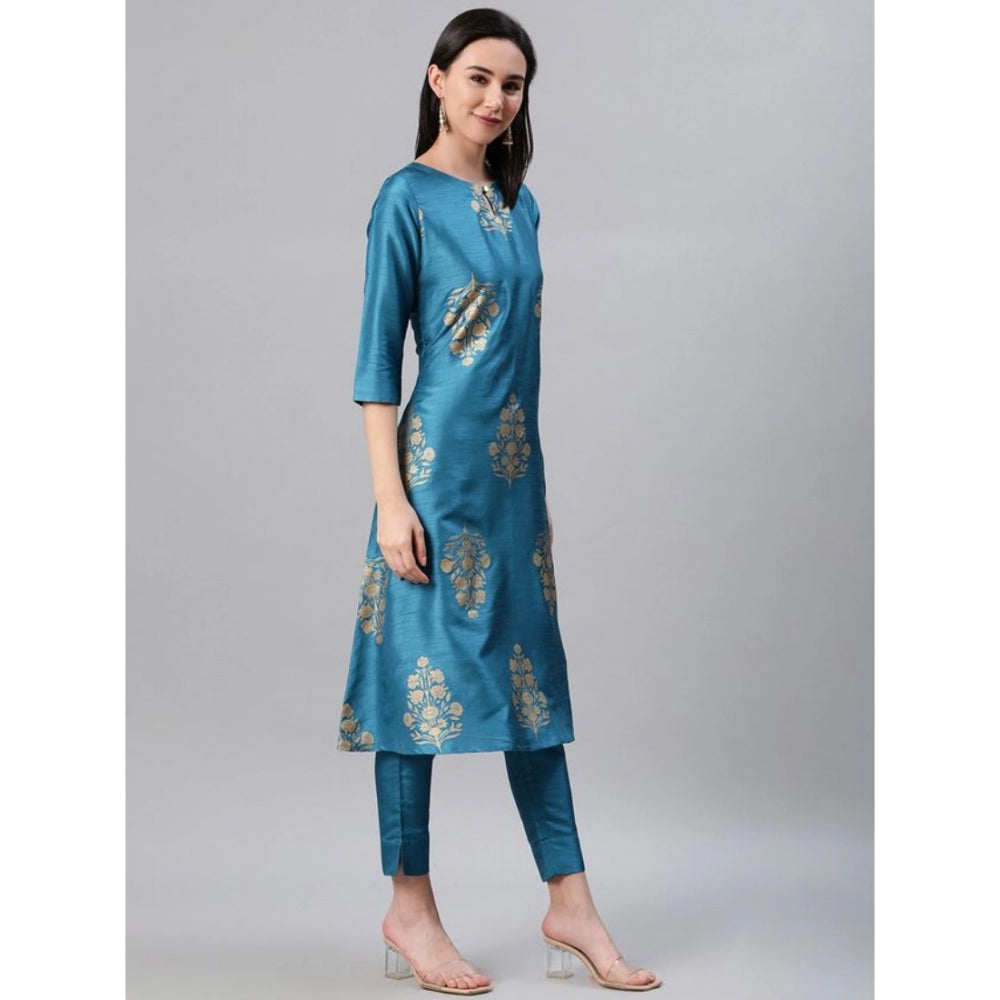 Casual 3-4Th Sleeve Ethnic Motifs Poly Silk Kurti Pant And Dupatta Set