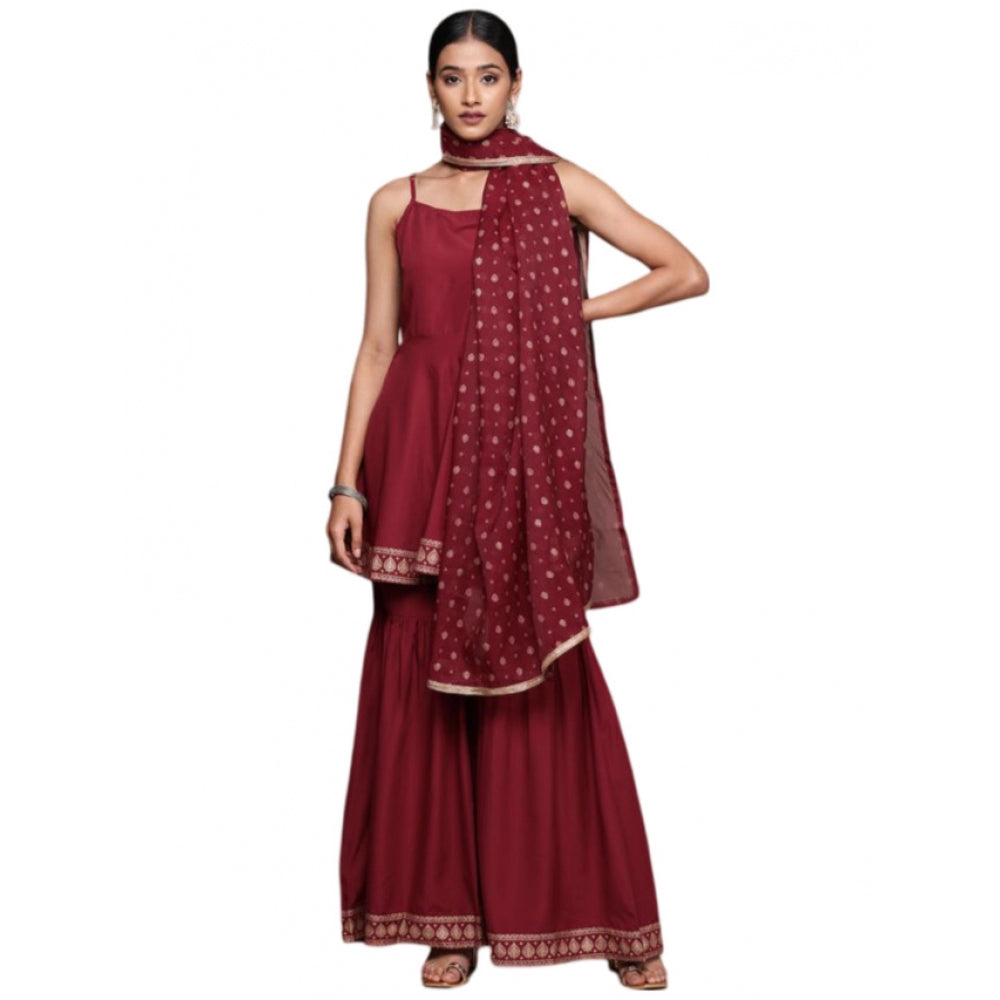 Casual Sleeveless Ethnic Motifs Crepe Kurti Sharara And Dupatta Set